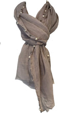 Load image into Gallery viewer, Pamper Yourself Now Beige with Beads and Pearls with Frayed Edge Long Soft Scarf/wrap