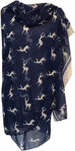 Load image into Gallery viewer, Pamper Yourself Now Blue with White Reindeer Design Scarf with Border. Lovely Long Soft Scarf Fantastic Gift