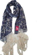 Load image into Gallery viewer, Blue with black flowers and embroidered white flowers with tassels