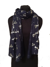 Load image into Gallery viewer, Pamper Yourself Now Navy with Silver Foiled Glitter Dragonfly Design Long Scarf/wrap