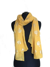 Load image into Gallery viewer, Pamper Yourself Now Mustard with Silver Foiled Mulberry Tree Design Ladies Scarf/wrap. Great Present for Mum, Sister, Girlfriend or Wife.