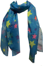 Load image into Gallery viewer, Multi coloured stars thin scarf, great presents/gifts. (blue)