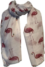 Load image into Gallery viewer, White with watercolour flamingo scarf with frayed edge long soft scarf