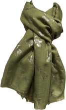 Load image into Gallery viewer, Pamper Yourself Now Olive Green with Silver Foiled Glitter Dragonfly Design Long Scarf/wrap