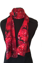 Load image into Gallery viewer, Pamper Yourself Now Red with Snowflakes and Santa on a Sledge Design Thin Pretty Christmas Scarf