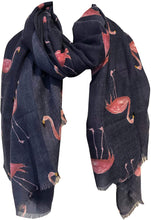 Load image into Gallery viewer, Navy with watercolour flamingo scarf with frayed edge long soft scarf