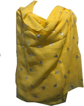 Load image into Gallery viewer, Pamper Yourself Now Yellow with Silver Bumble Bees Long Scarf. Great Present/Gift for bee Lovers.