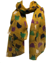 Load image into Gallery viewer, Pamper Yourself Now Mustard with Different Coloured Chickens/Hen Design Ladies Long Soft Scarf