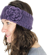 Load image into Gallery viewer, PURPLE woollen machine knitted headband with flower. Warm winter headband