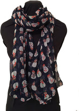 Load image into Gallery viewer, Blue Snowman Design Ladies Scarf. Great Christmas Scarf/wrap Lovely Present.