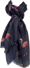 Load image into Gallery viewer, Navy with watercolour flamingo scarf with frayed edge long soft scarf