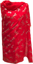 Load image into Gallery viewer, Pamper Yourself Now Red with Silver Foiled Glitter Dragonfly Design Long Scarf/wrap