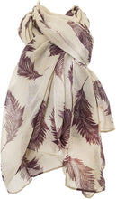 Load image into Gallery viewer, Pamper Yourself Now Beige with Burgundy Feathers, Long Scarf, Soft Ladies Fashion London