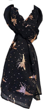 Load image into Gallery viewer, Pamper Yourself Now Black with Gold Fairy Design Long Scarf/wrap