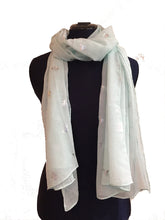 Load image into Gallery viewer, Pamper Yourself Now Aqua Green with Silver Bumble Bees Long Scarf. Great Present/Gift for bee Lovers.