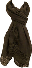 Load image into Gallery viewer, Pamper Yourself Now Dark Green Plain Long Soft Scarf with lace Trim