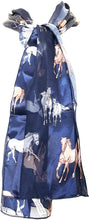 Load image into Gallery viewer, Pamper Yourself Now Navy Blue Running Horse Shiny Thin Pretty Scarf