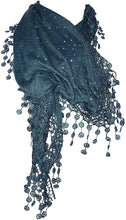 Load image into Gallery viewer, Pamper Yourself Now Teal Jersey with Sparkle and lace Trimmed Triangle Scarf Soft Summer Fashion London Fashion Fab Gift