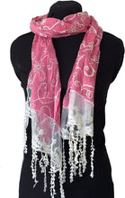 Load image into Gallery viewer, Bright pink with black flowers and embroidered white flowers with tassels