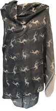 Load image into Gallery viewer, Pamper Yourself Now Grey with White Reindeer Design Scarf with Border. Lovely Long Soft Scarf Fantastic Gift