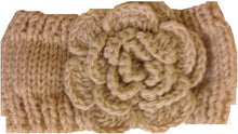 Load image into Gallery viewer, Cream woollen machine knitted headband with flower. Warm winter headband