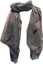 Load image into Gallery viewer, Pamper Yourself Now Grey with Dragonfly and Bugs Design Long Soft Scarf, Great Present/Gift.