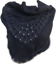 Load image into Gallery viewer, Pamper Yourself Now Black Triangle Scarf with Fur Trim and Sequin.
