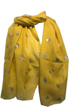 Load image into Gallery viewer, Pamper Yourself Now Yellow with Silver Bumble Bees Long Scarf. Great Present/Gift for bee Lovers.