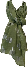 Load image into Gallery viewer, Pamper Yourself Now Green with Silver Foiled Mulberry Tree Design Ladies Scarf/wrap. Great Present for Mum, Sister, Girlfriend or Wife.