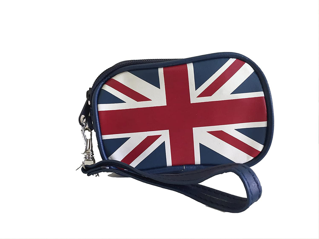 Union jack purse with hand strap and belt fitting and two zip pockets.