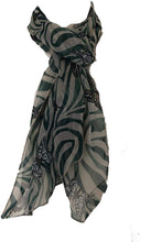 Load image into Gallery viewer, Beige with Green Zebra Animal Print with Butterflies Chiffon Style Thin Scarf.