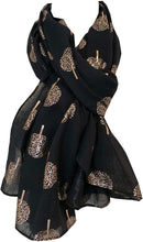 Load image into Gallery viewer, Pamper Yourself Now Black with Gold Foiled Mulberry Tree Design Ladies Scarf/wrap. Great Present for Mum, Sister, Girlfriend or Wife.