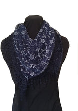 Load image into Gallery viewer, Pamper Yourself Now Blue with White Glittery Flower lace Triangle Scarf with lace Trim