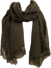 Load image into Gallery viewer, Pamper Yourself Now Dark Green Plain Long Soft Scarf with lace Trim