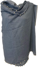 Load image into Gallery viewer, Pamper Yourself Now Denim Blue with Beads and Pearls with Frayed Edge Long Soft Scarf/wrap