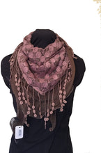 Load image into Gallery viewer, Pamper Yourself Now Brown Circle lace with Chiffon Edge Design Triangle Scarf