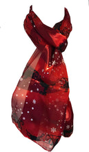 Load image into Gallery viewer, Pamper Yourself Now Red with Snowflakes and Santa on a Sledge Design Thin Pretty Christmas Scarf