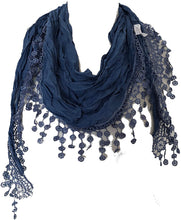 Load image into Gallery viewer, Pamper Yourself Now Blue Cotton lace Trimmed Triangle Scarf