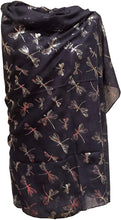 Load image into Gallery viewer, Pamper Yourself Now Navy with Silver Foiled Glitter Dragonfly Design Long Scarf/wrap