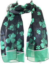 Load image into Gallery viewer, Pamper Yourself Now Big Black with Green Four Leaf Clover Scarf Thin Pretty Scarf
