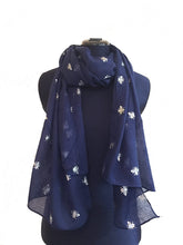 Load image into Gallery viewer, Pamper Yourself Now Navy Blue with Silver Bumble Bees Long Scarf. Great Present/Gift for bee Lovers.