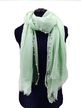 Load image into Gallery viewer, Pamper Yourself Now Mint Green with Beads and Pearls with Frayed Edge Long Soft Scarf/wrap