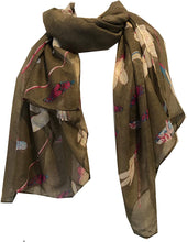 Load image into Gallery viewer, Brown with dragonfly and bugs design long soft scarf, great present/gift.