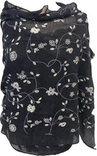 Load image into Gallery viewer, Pamper Yourself Now Navy with White Embroidered Flowers and Leaf Design Long Scarf/wrap with Frayed Edge