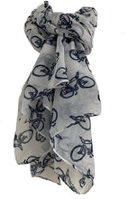 Load image into Gallery viewer, White with Blue Bike Bicycle Scarf Vintage Fashion Style, Lovely Soft Long Ladies Scarf/Wrap