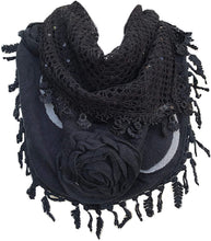 Load image into Gallery viewer, Pamper Yourself Now Black Triangle Scarf with Roses Design and Sequins.