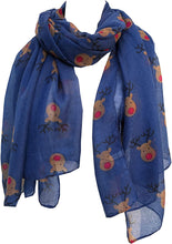 Load image into Gallery viewer, Pamper Yourself Now Navy red Nose Rudolph Reindeer Christmas Long Scarf
