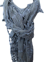 Load image into Gallery viewer, Grey thin lace butterfly design long scarf with tassels