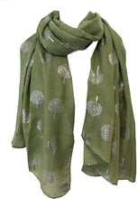 Load image into Gallery viewer, Pamper Yourself Now Green with Silver Foiled Mulberry Tree Design Ladies Scarf/wrap. Great Present for Mum, Sister, Girlfriend or Wife.