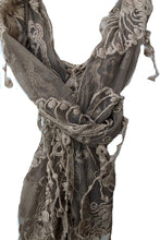 Load image into Gallery viewer, brown/beige thin lace butterfly design long scarf with tassels